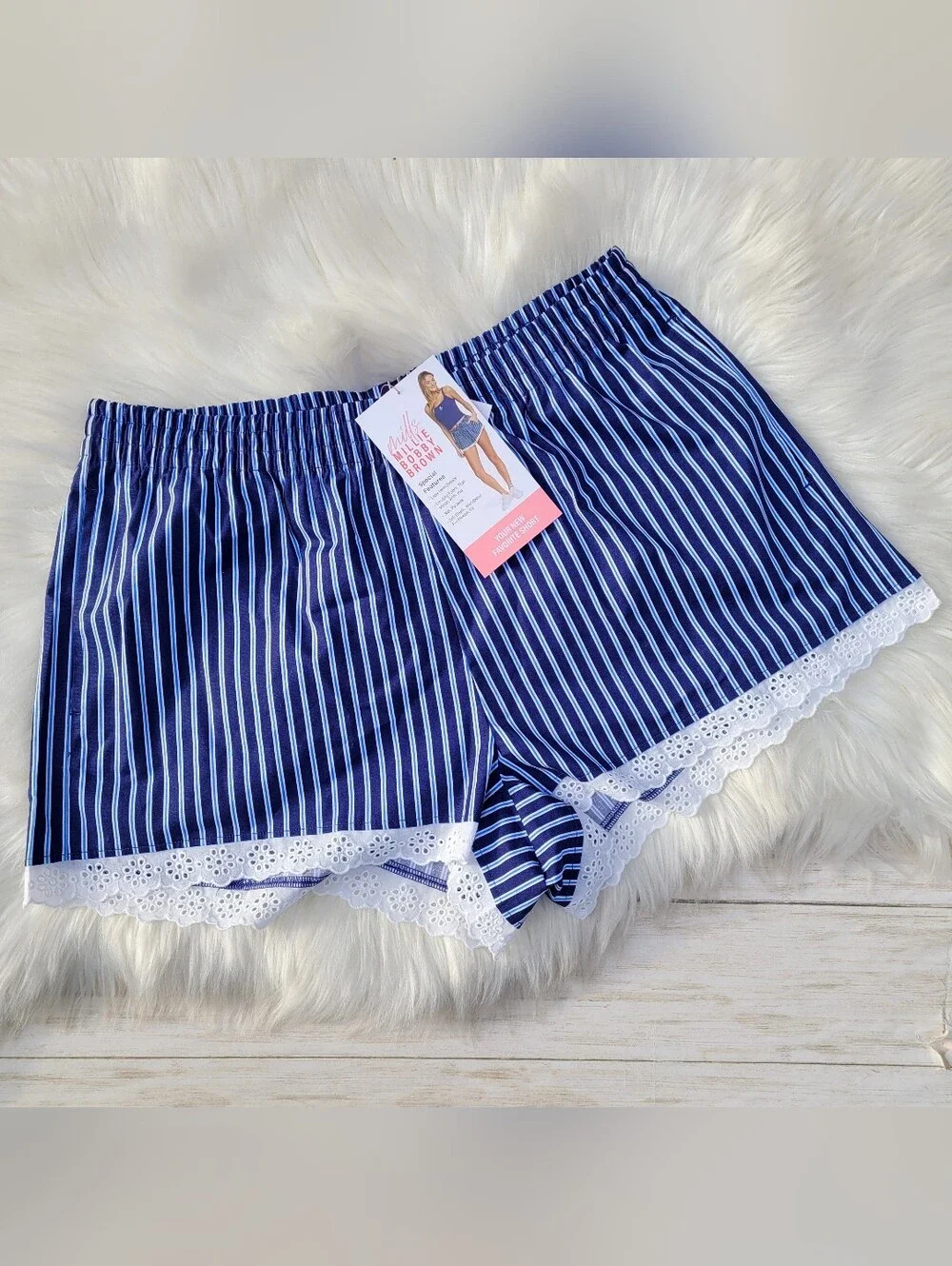 Mills by Millie Bobby Brown Navy Blue Striped Boxer Shorts Lace Women's Medium